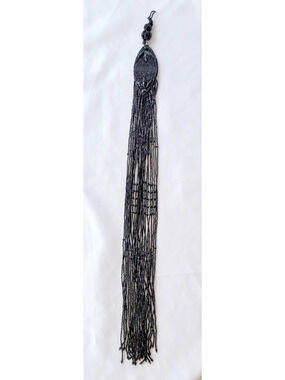 21" Long Artisan OOAK Hanging Light Pull Decor Ornament Black Beaded Fringe Goth